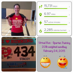 Stacey: "I completed my run while doing some Spartan race training. I ran with a 20lb shoulder sand bag."
