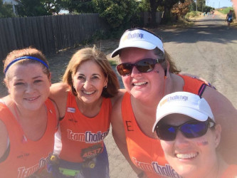 Jennifer: "In the middle of the Napa to Sonoma race almost to mile 8 with 3 of my Team Challenge teammates.  All of us in the race (635 total), raised almost $2.6 million for CCFA.  We need a cure!! (I am the 2nd one from the right)."
