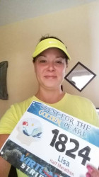 Lisa: "Finished my quest for the golden pearl!! Did a 1/2 Marathon distance (actually, 14.71 miles) over 4 runs - one with friends, one for beer, two alone. "