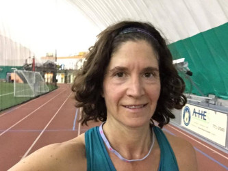 Stacy: "Icy conditions forced me inside. Ran 13.1...44 laps...inside with 80's music blaring overhead."