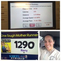 Geanice: Had to run on the treadmill cause of the rain. First of many Virtual races!!