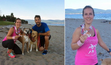 Genevieve: I did my 10k in Gaspe (Quebec) with three great partners. Beautiful run along the bay with a lot of hills. I'm very proud of Morgane (boxer, 7y) and Zack (malamute mix, 4y). I love my medal!