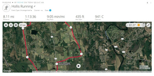 Richard: Early 8-miler to beat the heat... was still hot, and super humid.  Estimated 10k time 54:20.