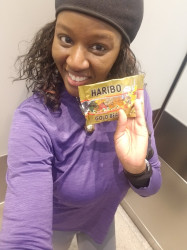 Natasha: My finish line is getting back to my office with my post race snack (gummi bears)