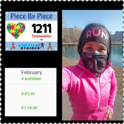Linda: Amazing! February no snow....yeah! But temperature in the low 30's I was just gonna run a 5k but I kept going for 5.6 miles