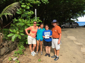 Claudia: "I completed this Aloha Run by a strenuous hike on the Kalalua Trail on Kauai with dear friends. It was the perfect addition to our Hawaiian vacation. I did take one for the team by slipping in mud, but it was all good fun."