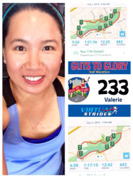 Valerie: "Very happy to be able to complete and run15 miles ( 9 miles and 6 miles ) for Guts to Glory Half Marathon at Rohr Park San Diego. Thank you Virtual Strides."