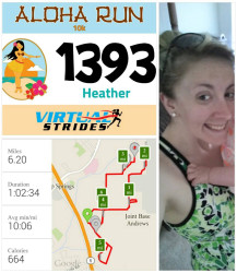 Heather: "Ran my first 10k for the Aloha Run with Virtual Strides. The money is going towards a breast cancer fund so I did this for my Grandma, Great Aunt Betty, Aunt Rose, and mother-in-law who have all battled it and for my mom, daughter and me who are at risk... Praying for a cure soon."