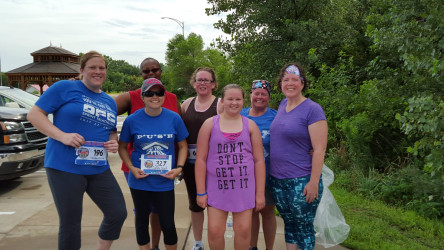 Susie: "I'm on the right in the pixelated pants."
Angie: "P*U*S*H members  from Oskaloosa Iowa"
Brandi: "PUSH group finishing the Guts to Glory 10K!"