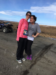 Sandra: My friend Megan (in the pink) and I ready to run... 38 degrees and clear on the tundra!