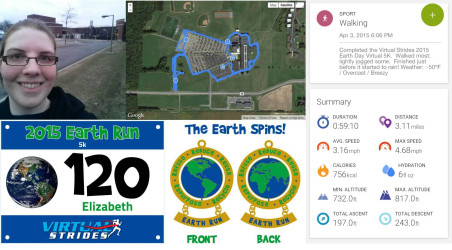 Elizabeth: "April 3, 2015 | Virtual Strides Earth Run Virtual 5K | Walked/Jogged at Genesee Community College, Batavia, NY USA |  Weather: ~50 F, overcast, breezy"