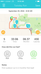 Kim: i ran 2x 5km , 2 different days; sept 9 35 min 5 km