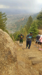 Marvin: This 5K was done at the "Manitou Incline" near Colorado Springs, CO.  See the attached picture where I was about to hit the summit and start down the trail back to the bottom that was challenging as well.  I am the person in the black shirt and green shorts.  Veterans Lead The Way!