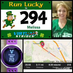 Melissa: "I set a goal to do 15 races in 2015! I was not able to do a formal group race for March so I was thrilled to find virtual strides! I have now completed 3 of my 15 races. 1 5k, 1 10k, and 1 half marathon."