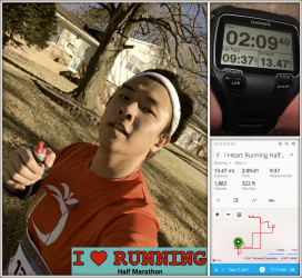 Jongmin: I ran 13.47 miles and not 13.1 in 2:09:40. I am not sure what my exact 13.1 time was, but it should have been close to 2:05:00.