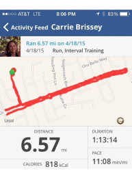 Carrie: "Forgot to stop running at 6.2 miles.  Oh well."