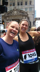Jennifer: "Angie and I on the streets of Chicago for our lunch break 5K (we did a little boot camp in the middle of the run!)"