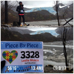 Leslie: Half Marathon running in the pouring rain, on packed ice/snow to the Herbert Glacier in Juneau, AK. This one was for my daughter, Alee who was diagnosed with PDD (on the spectrum of Autism).