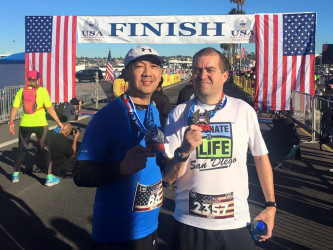 Randy: Six years after receiving the gift of life from my bro, I completed my 40th half marathon. It was a privilege to run with my buddy Lito Campano today. We haven't run a race together since March. I really enjoyed this course! It is a hybrid of the San Diego Half Marathon and the SD Rock and Roll Marathon, but backwards. The best part is we got to run down the Washington Street hill instead of up it. We completed the race in 2:08:07.In two weeks, I'll by completing my 20th full marathon since the transplant. I couldn't think of a better way to celebrate my six year transplant anniversary. Life is good!!!