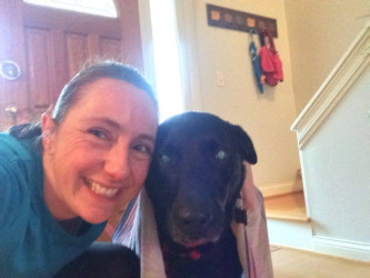 Amy: My running buddy and I drying off after fun run in the rain!