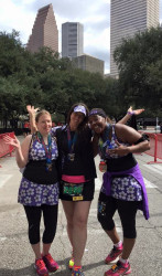 Wendy: Purple with flowers Trio.  We 3 stayed together for the 1/4marathon 6.55 miles (so time longer than 6.1mile/10K) and Pamela went on to finish the 1/2marathon.