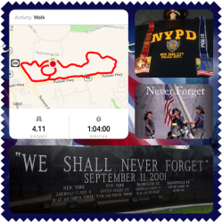 Spencer: Today I walked 4.11 miles in honor of ALL the fallen :( Of the 2,977 victims killed in the September 11 attacks, 411 were emergency workers in New York City who responded to the World Trade Center. This included:343 firefighters (including a chaplain and two paramedics) of the New York City Fire Department (FDNY); 37 police officers of the Port Authority of New York and New Jersey Police Department (PAPD); 23 police officers of the New York City Police Department (NYPD); and 8 emergency medical technicians and paramedics from private emergency medical services.#neverforget #nyfd #nypd #worldtradecenter  #911memorial #honor911 #godblesstheusa