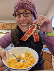 Amy: What does a warrior eat post 5K? Noodles cooked by my 8-year-old!!