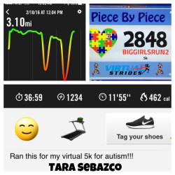 Tara: I just wanna dedicate this run to all the parents out there, who's children or child are diagnosed with autism.. I ran my heart out for this 1!!.. For those that don't know I'm almost 3 months postpartum and just started training again.. Going almost a year not running this one was hard.. But it goes to show the love I have for autism!! ***Special note***your child is no different from any other !!! they just like certain things the way THEY like them    And will work at their OWN pace!! God bless and I love you all!! Now I get to submit this and receive my bling!!