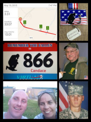 Candace: "Some mothers had dinner with their kids. But, I chose to run these miles today for my son who is serving now and my father who is retired  from the Army.  It's not about what we can have done for us on Mother's Day. It's about showing a mothers love.  My husband joined me in this run today in support for our son."