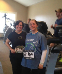 Ana: "Me, and my friend Gail - at the end of the 5k, wearing St. Patrick's Day and Pi Day T-shirts."