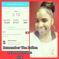 Staci: "Yay... I completed my 3rd ever 5k!=20#Remember the Fallen #VirtualStrides #5k=20#Honor #Courage #Commitment #Proud to be an American #US"