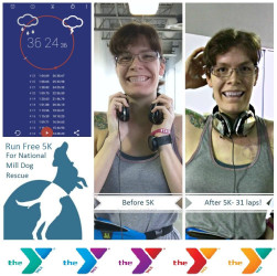 Rachel: Completed on the YMCA indoor track due to inclement weather- tornadoes in Texas! Each lap was 1/10th of a mile, so 31 laps completed to make a 5K distance, in 36 minutes and 24 seconds
