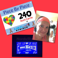 Carrie: I was unable to get outside so I completed my 5k on my treadmill, in honor of my nephew Kayden!!