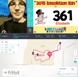 Elizabeth: My 2015 resolution was to lose weight, and I did just that!  I lost 85 pounds in 2015 and this medal commemorates that accomplishment!  I really wanted to run this 5K, but I was unable to because I had just gotten over a nasty viral illness.  Next time!