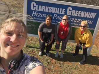 Cheryl: At the Greenway Clarksville, TN. I'm in the yellow jacket.
Veronica: I'm the one in black sweats.
Brandi: In the middle with red shirt.
Emma: I'm in the upper left hand corner taking the photo.