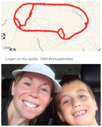 Stephani: Logan's first 10k on a ripstik. I told him he can have the medal if he goes with me while I run. Next time will be a half marathon. It was a fun run.