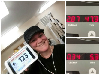 Linda: " I'm just starting to run again after a knee injury, so times are slow. Doing run intervals. Accidentally pulled the emergency stop on the treadmill near the end, so there's two time segments."